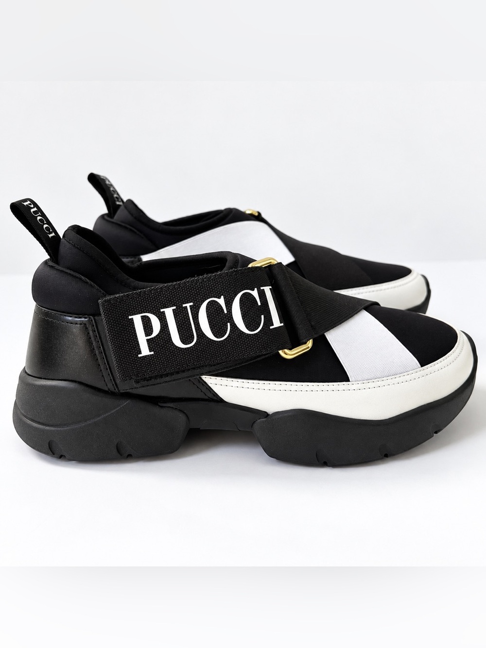 Emilio Pucci Black & White Geometric Neoprene Slip-on Sneakers, 7 NIB